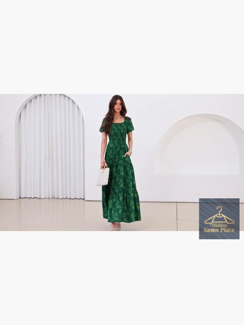 Boho Maxi Dress Floral Short Sleeve Square Neck Smocked Flowy Long Vacation - Picture 7 of 7
